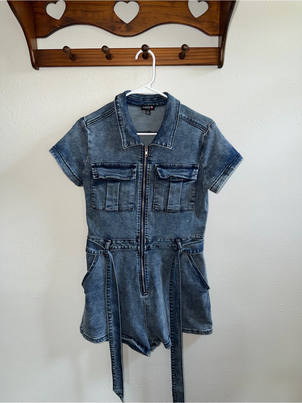 Justice woman’s Washed Blue Denim Romper with Front Zip